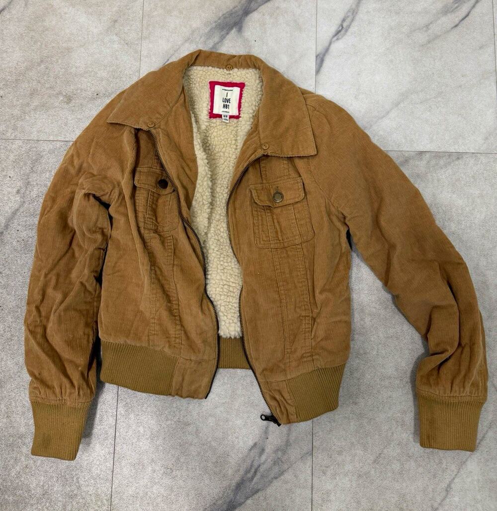 I Love H81 Men's Brown Bomber Jacket S Zip Button Lined Camel Short Regular